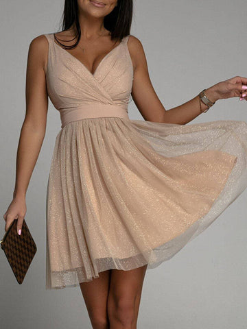 Woochic courte robe tulle brillante paillette avec ceinture trapèze fines bretelles de cocktail Abricot S